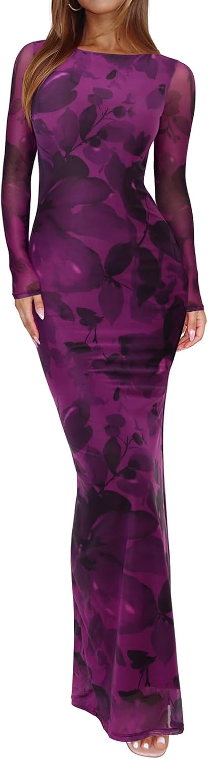 REORIA Women's Floral Bodycon Maxi Long Dress for Weddings