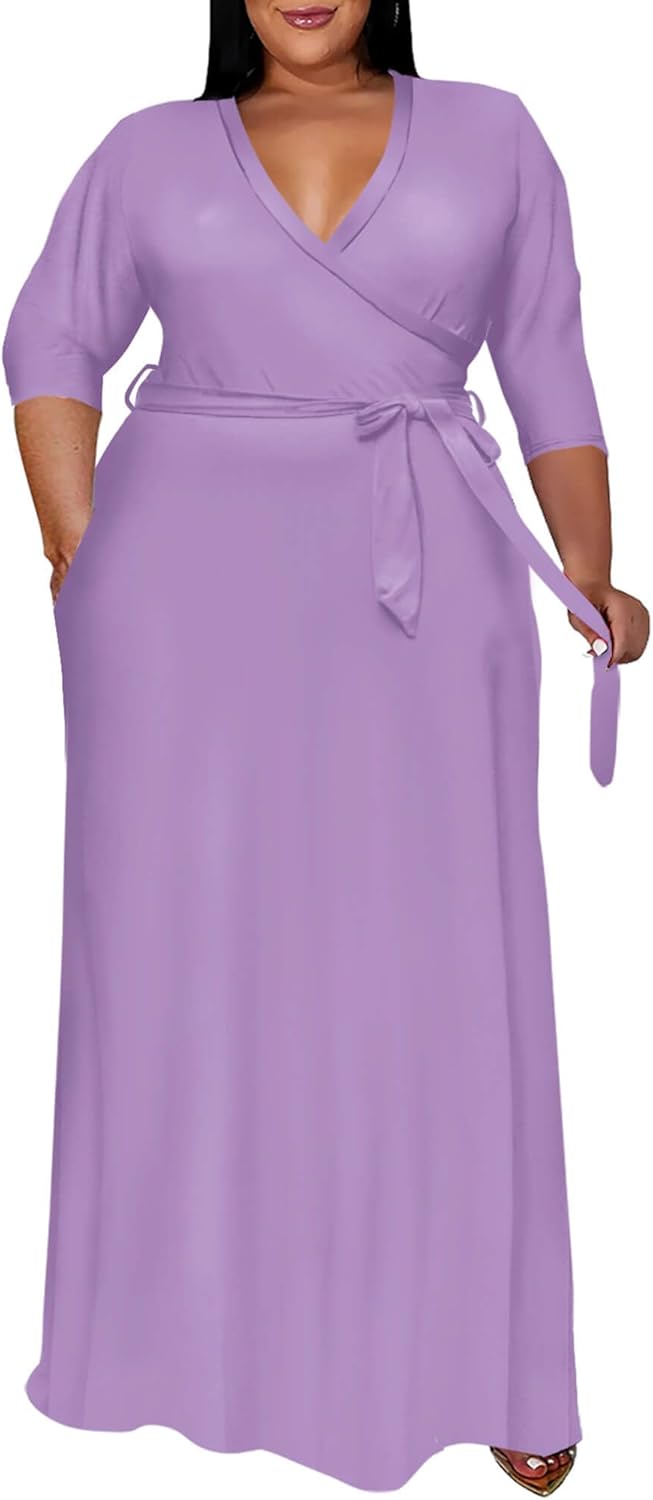 Runwind Plus Size Dress for Women - Elegant V Neck Maxi Style