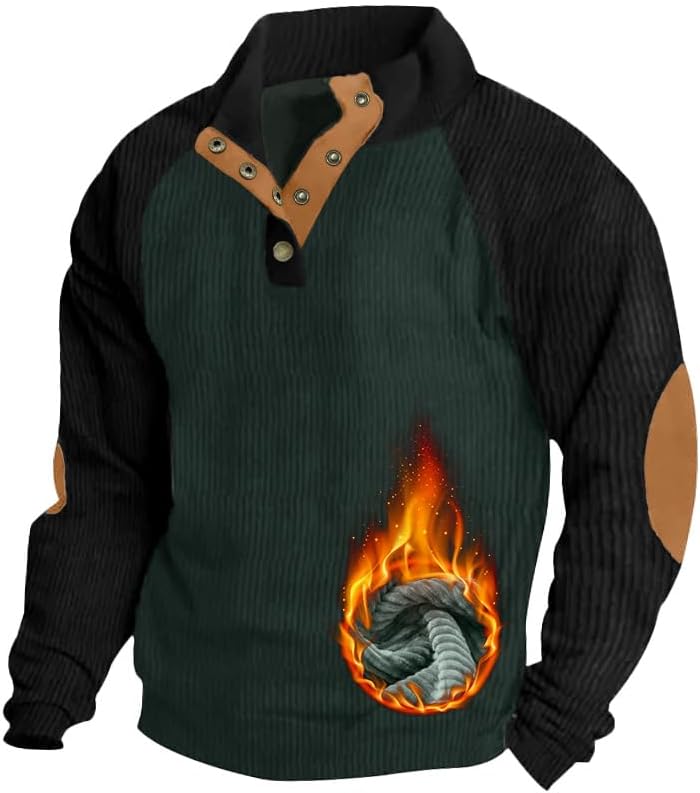 Mens Casual Corduroy Sweatshirt with Stand Collar and Buttons