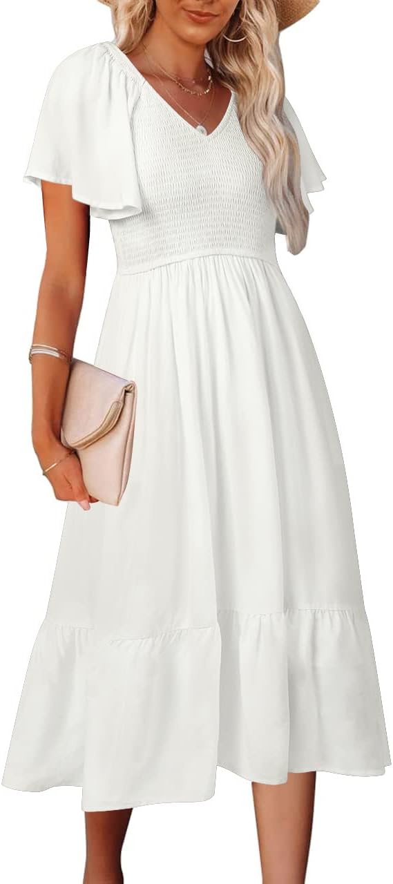 Stylish Summer Casual V Neck Ruffle Sleeve Midi Dress