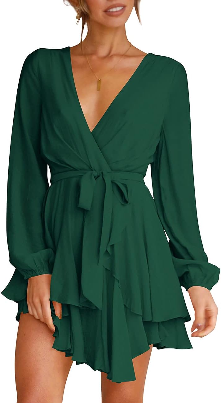 Cosonsen Women's Deep V-Neck Long Sleeve Mini Swing Dress