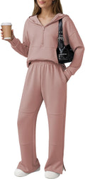 Pink Queen Women's 2 Piece Lounge Set Half Zip Hoodie and Wide Leg