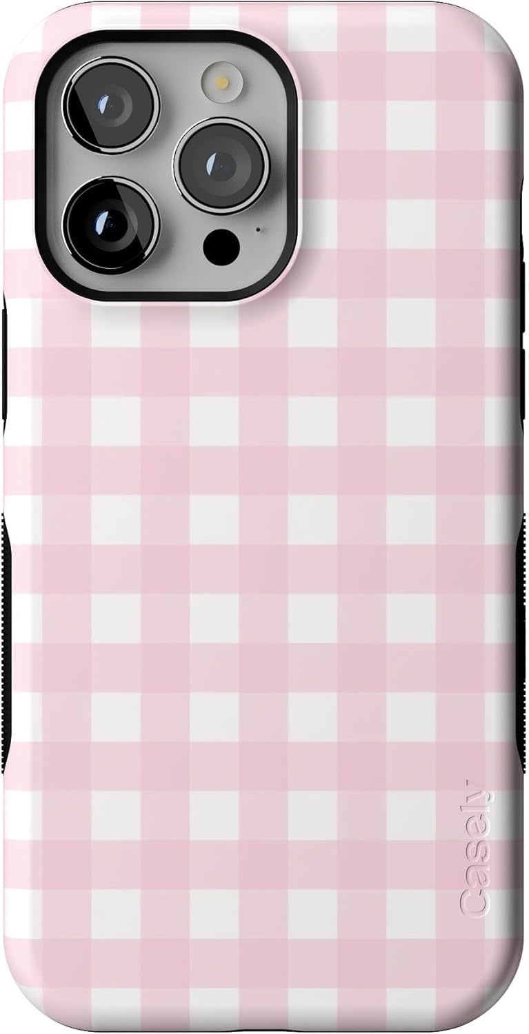Bold Protective iPhone 14 Pro Max Case in Pink Plaid Design