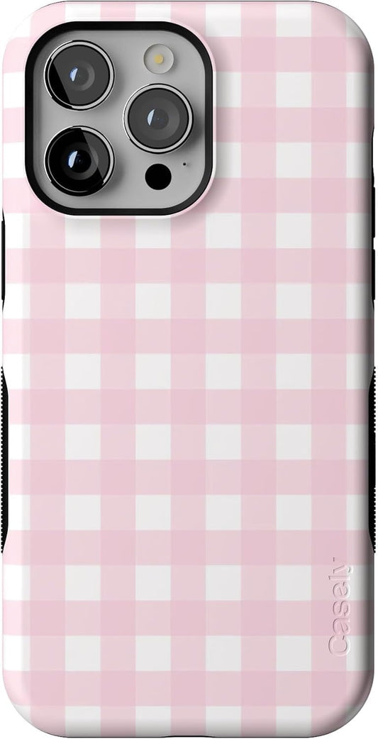 Bold Protective iPhone 14 Pro Max Case in Pink Plaid Design