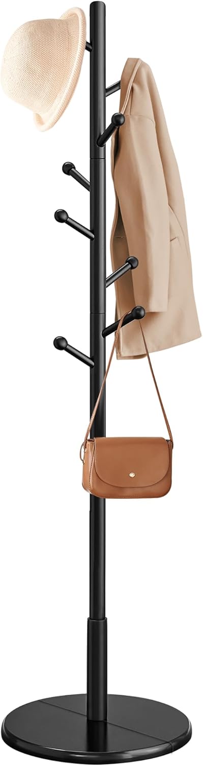 VASAGLE Solid Wood Coat Rack with 8 Hooks and 3 Heights