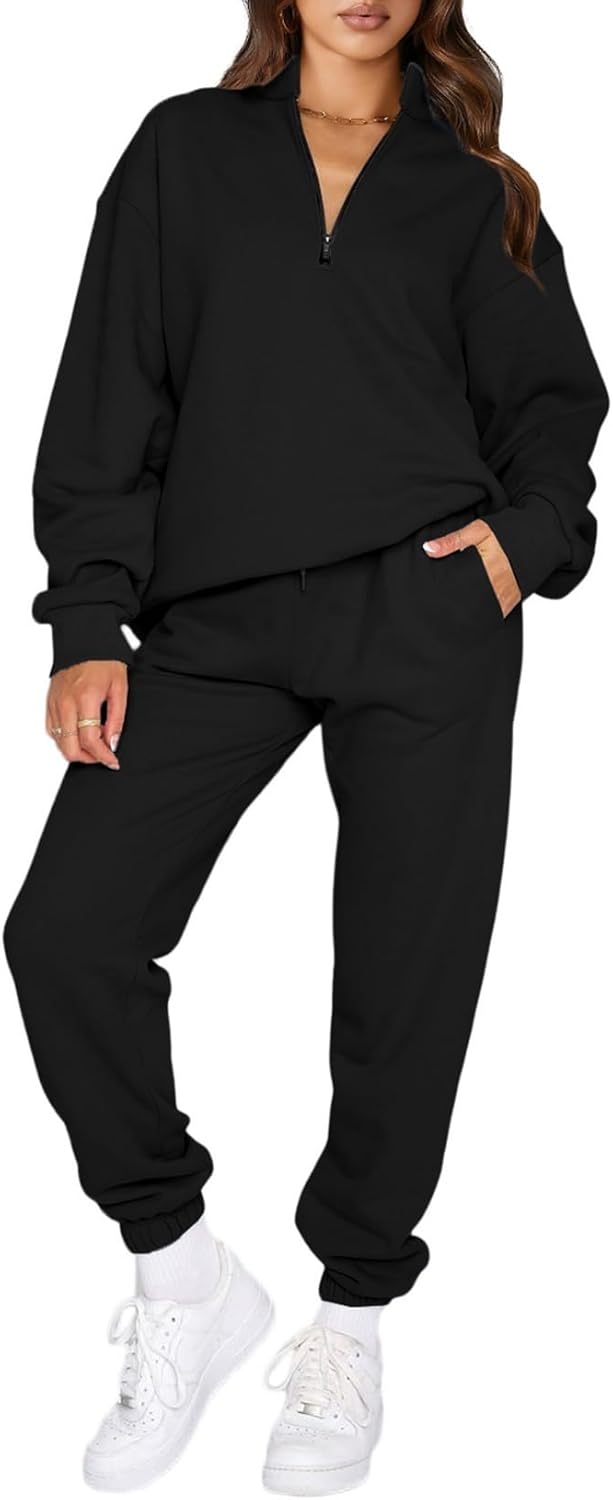 Stylish Oversized Half Zip Pullover Jogger Pants Set for Women