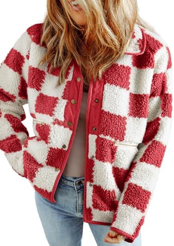 SHEWIN Women's Casual Sherpa Plaid Jacket for Fall and Winter