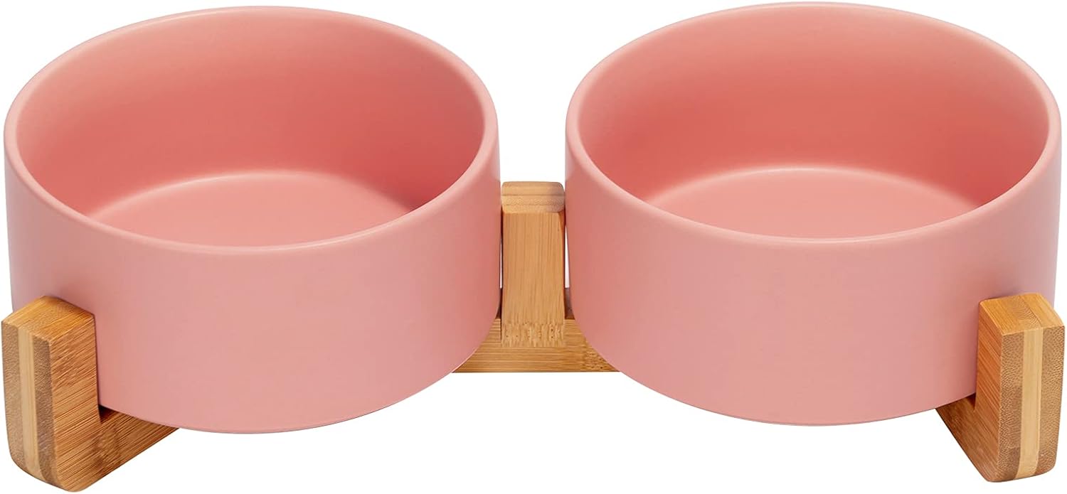 SPUNKYJUNKY Ceramic Dog and Cat Bowl Set with Wooden Stand