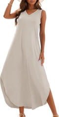 Women's Summer Loose Sundress Maxi Dress - Sleeveless V Neck Split