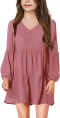 Girls Casual Tunic Dress V Neck Long Short Sleeve - Versatile Swing