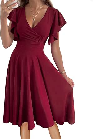 DGHBVS Women's Cocktail Dress with Ruffle Sleeves and Pockets