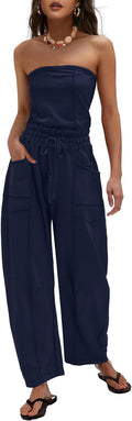 Womens Strapless Jumpsuits Off the Shoulder Romper - With Pockets