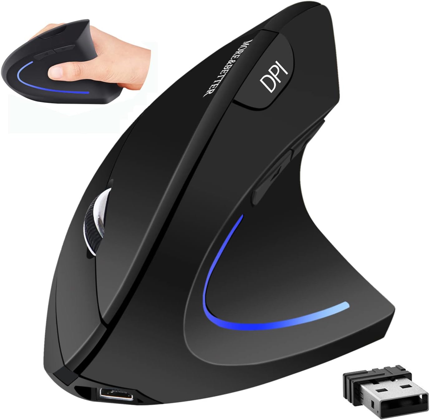 More&Better Rechargeable Vertical Mouse - Ergonomic Design, 1600 DPI, 5 Buttons, for Laptop/Desktop