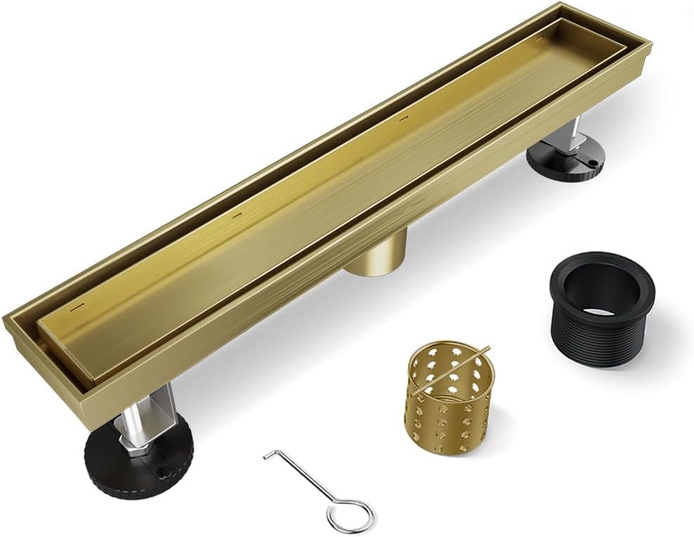 12 Inch Gold Linear Shower Drain with Removable Tile Insert Grate