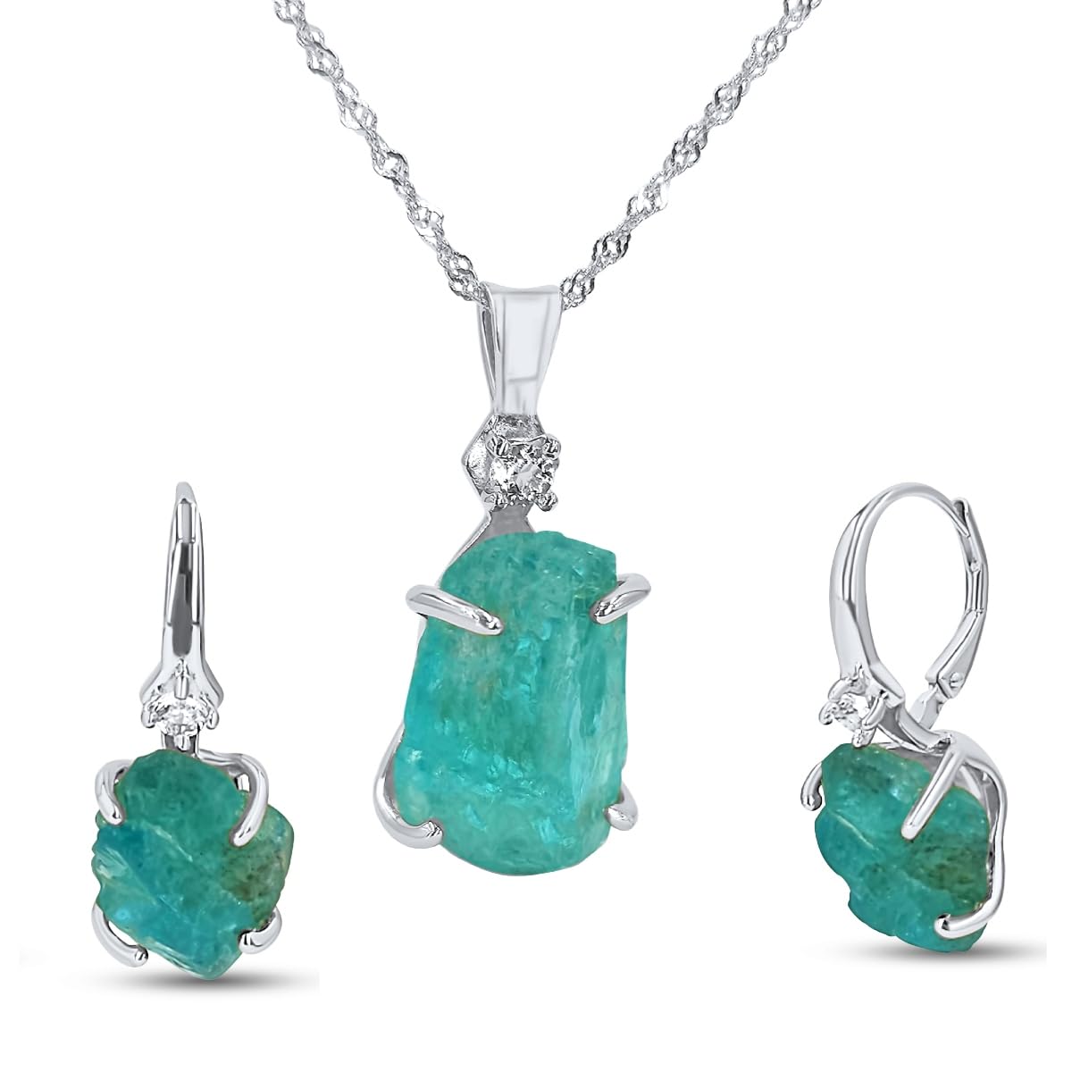 Real Raw Apatite Drop Earrings and Necklace Set for Her Gift