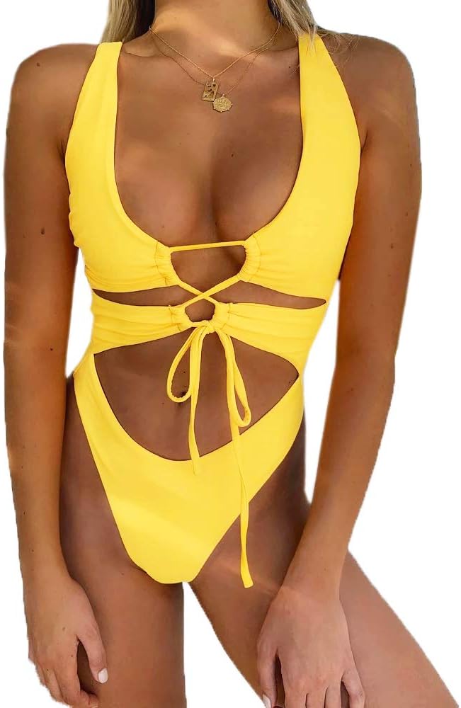 CHYRII Women's Sexy Cutout Lace Up Backless Monokini Swimsuit