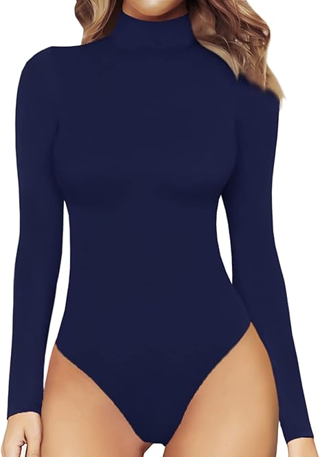 MANGOPOP Women's Mock Turtle Neck Long Sleeve Bodysuit Jumpsuit