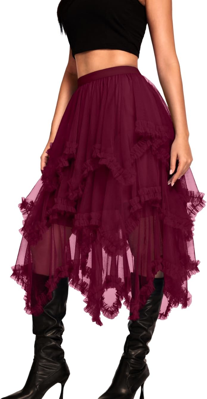 Kaei&Shi Long Tulle Skirt for Women - Asymmetrical Ruffle Design
