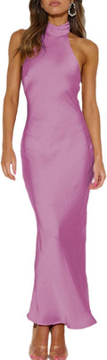 Phicia Satin Halter Neck Backless Maxi Dress - Elegant