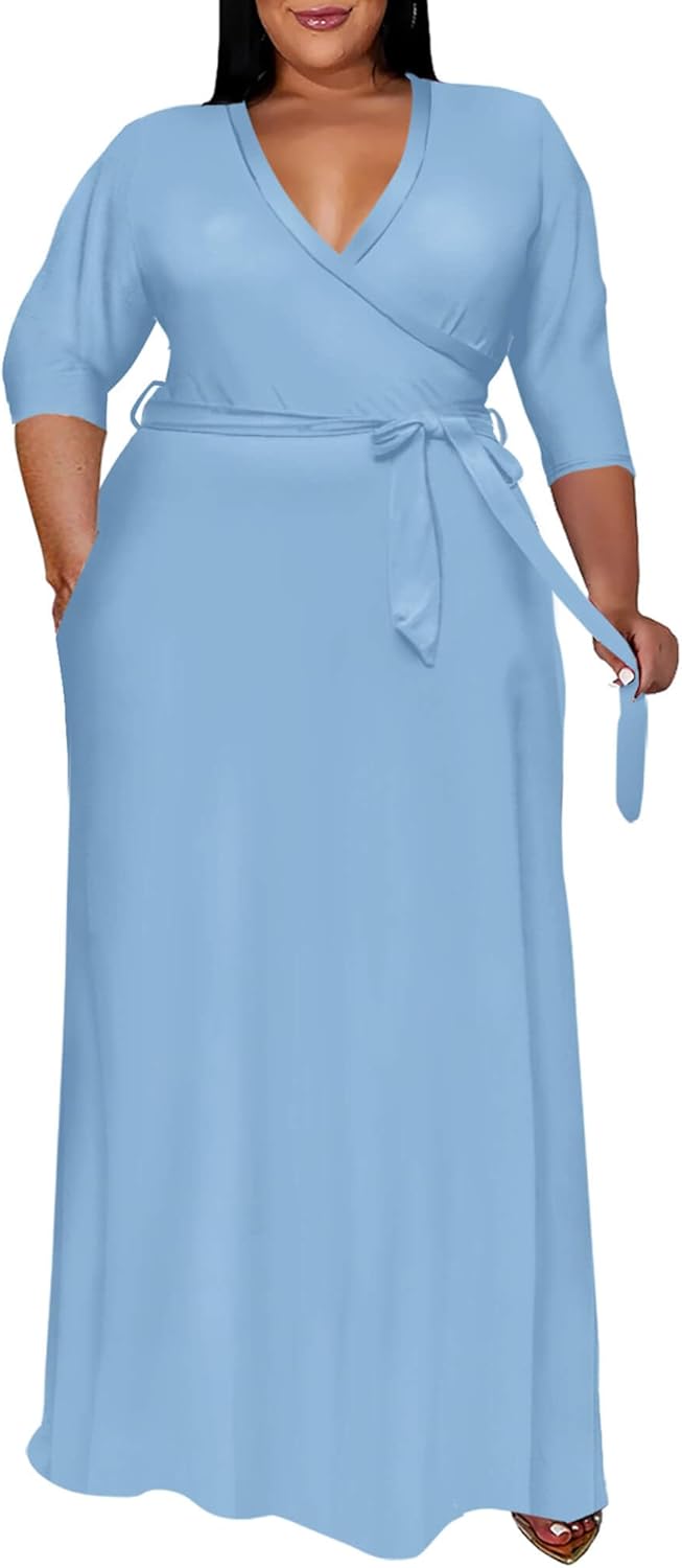 Runwind Plus Size Dress for Women - Elegant V Neck Maxi Style