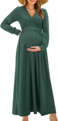 Fall Maternity Maxi Dress Wrap V Neck - Comfortable Nursing Fit is