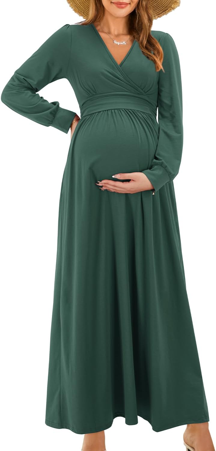 OUGES Fall Maternity Maxi Dress for Baby Shower and Photoshoot