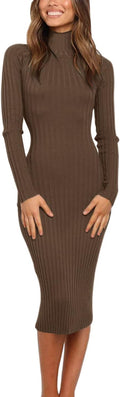 Ribbed Long Sleeve Sweater Dress High Neck Slim Fit Midi - Cozy Winter