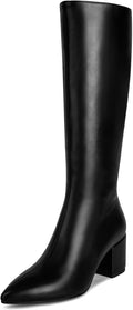 wetkiss Rhinestone PU Knee High Pointed Toe Boots - Low Chunky Heel
