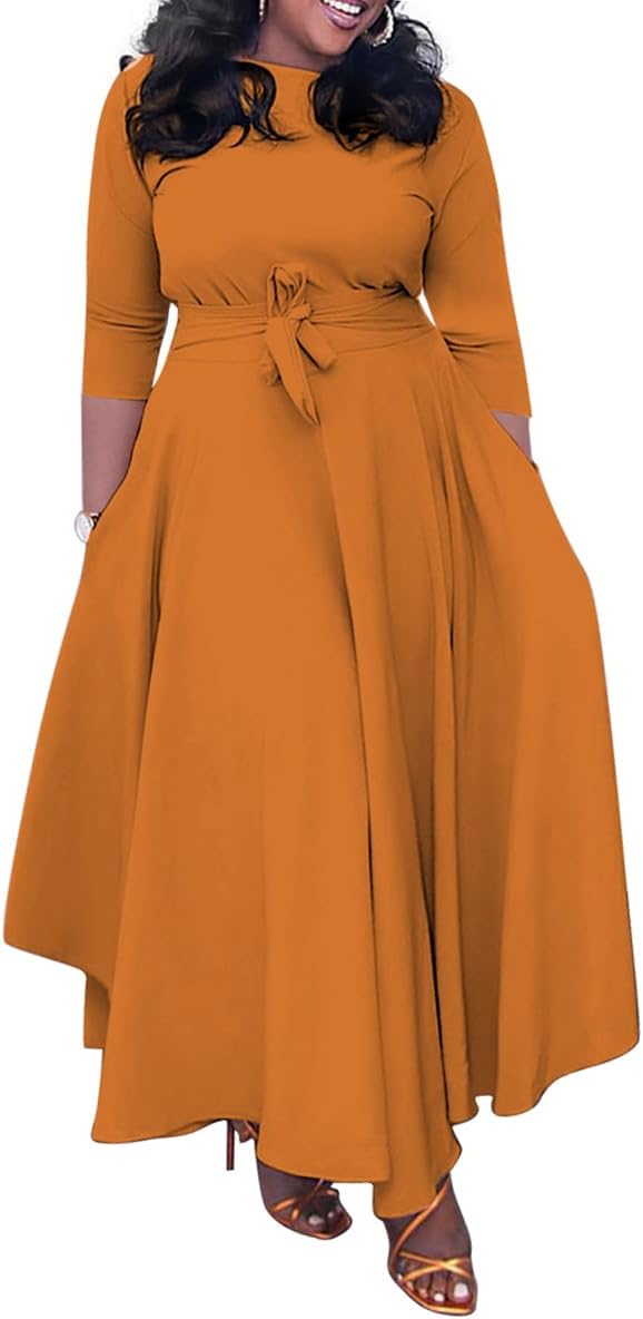 BFFBABY Women's Plus Size Maxi Dress with 3/4 Sleeves and Belt