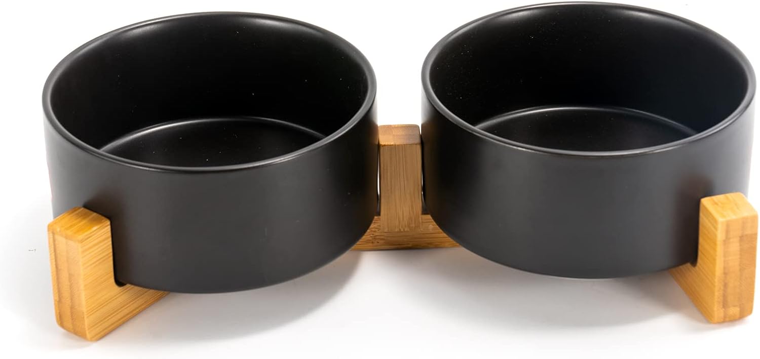 SPUNKYJUNKY Ceramic Dog and Cat Bowl Set with Wooden Stand