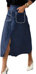 Faux Suede A-Line Midi Skirt - Elastic Waist, Front Pockets