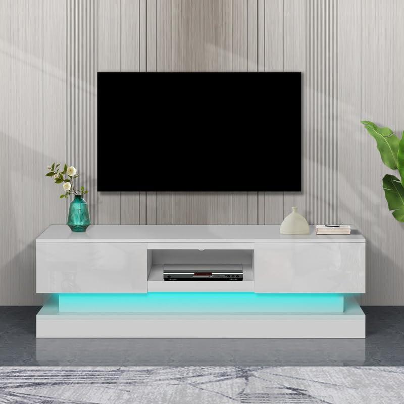 High Gloss LED TV Stand - 16 Color LEDs - White - Qiyom
