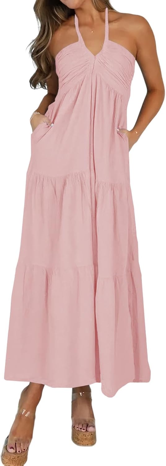 Women's Casual Halter Tiered Maxi Dress with Pockets Review