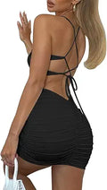 Women's Sexy Backless Spaghetti Strap Ruched Bodycon Mini Dress - Club