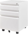 White 3 Drawer Mobile File Cabinet with Lock - Under Desk Metal