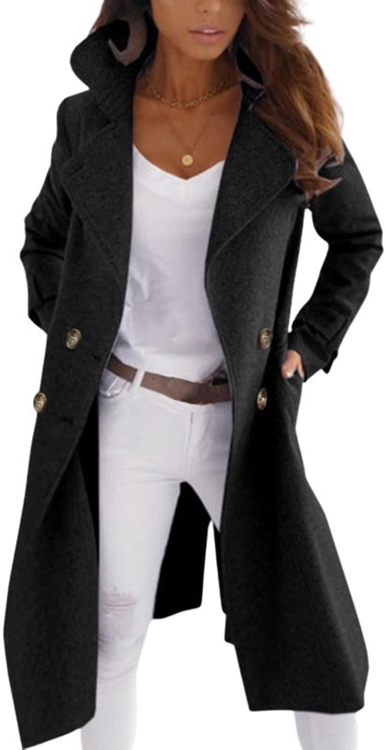 Elegant Double Breast Wool Blend Pea Coat for Women in Winter