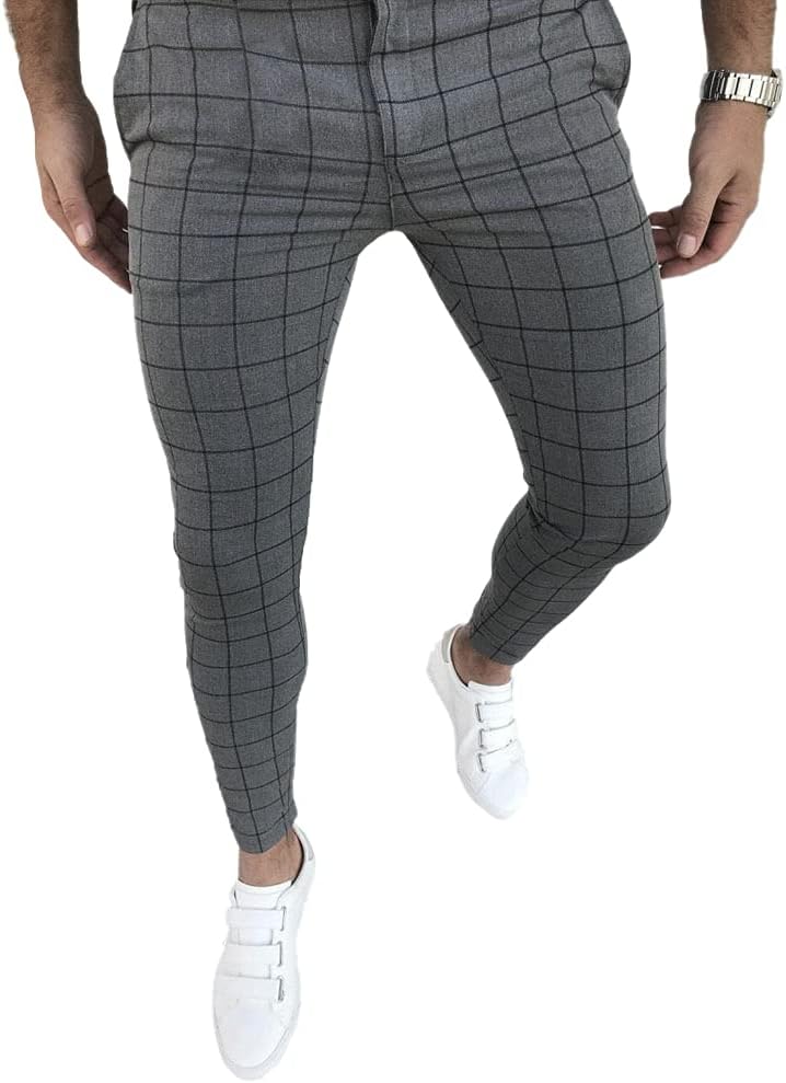 Men's Fashion Stretch Dress Pants Slim Fit Plaid Casual Style
