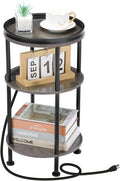 Small Round Side Table with Charging Station Grey - 3-Tier Accent