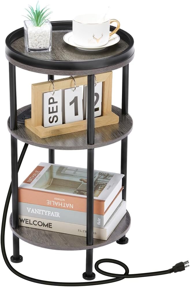 Small Round Side Table with Charging Station for Small Spaces