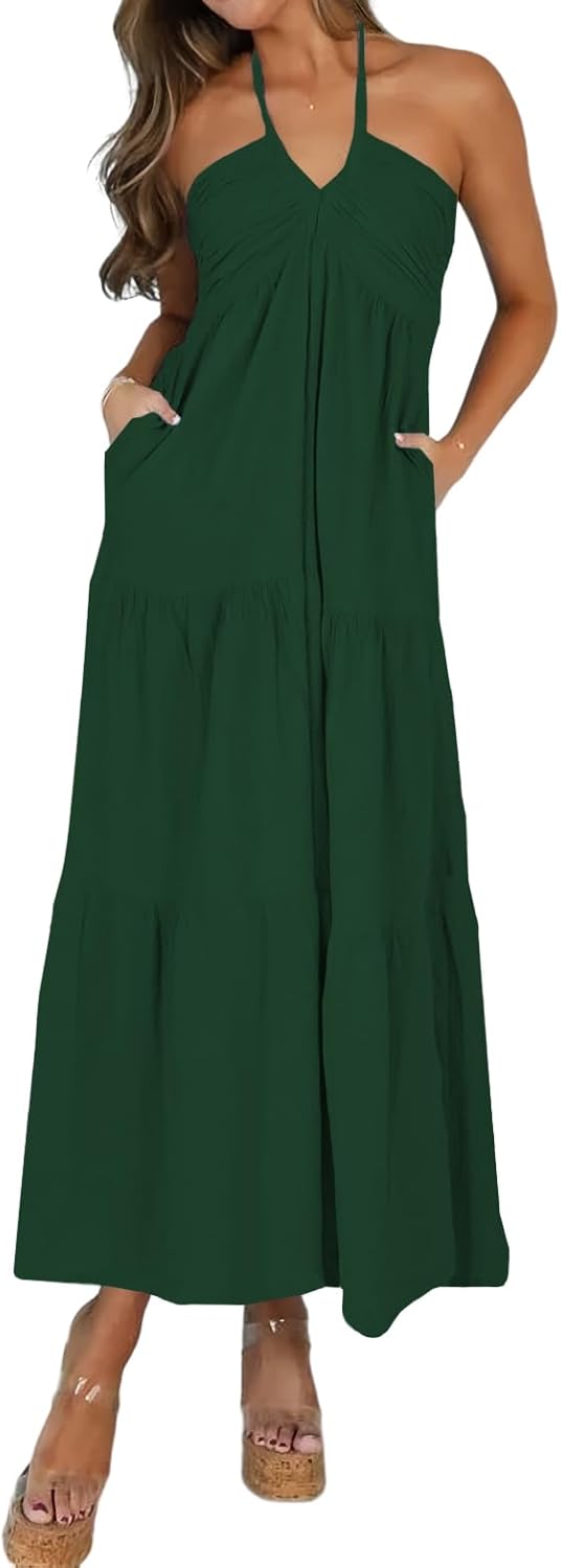 Women's Casual Halter Tiered Maxi Dress with Pockets for Summer