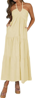 Womens Halter Tiered Vacation Maxi Dress - Twist Strap Cutout