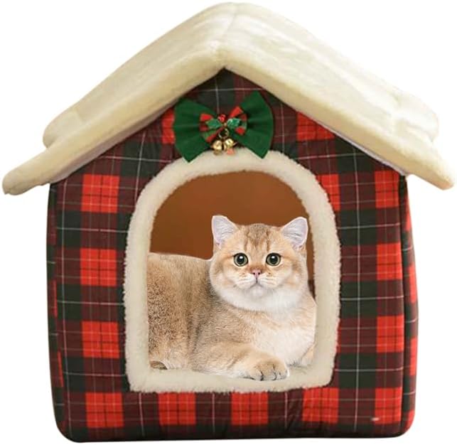 Cozy Plaid Christmas Cat Cave 