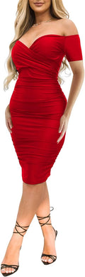 Ekaliy Women's Off The Shoulder Midi Dress Ruched Bodycon - Flattering