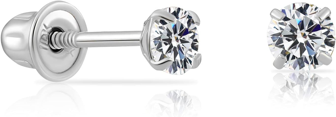 14k White Gold Solitaire Round CZ Stud Earrings with Screw-backs