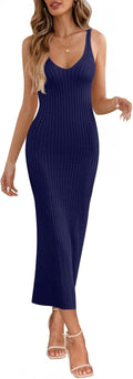 Womens V Neck Knit Midi Dress Bodycon Sleeveless Ribbed - Flattering