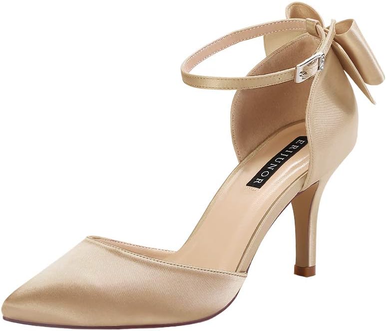 ERIJUNOR Comfortable Mid Heels Pumps with Bow Knot Ankle Strap