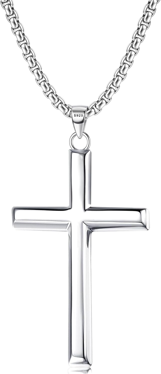 Solid 925 Sterling Silver Cross Necklace for Men and Women