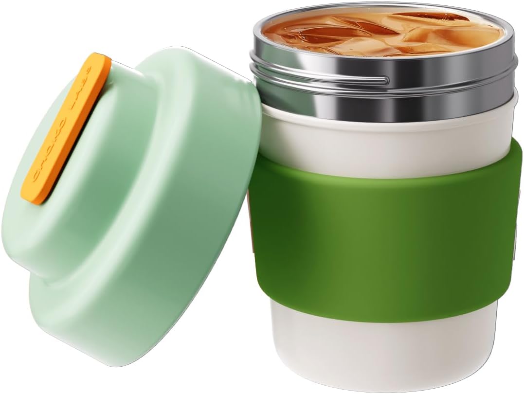 Insulated Travel Coffee Mug with Green Lid and Easy Grip Design