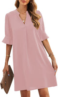 Womens V-Neck Ruffled Short Sleeve Polyester Shift Dress - Summer