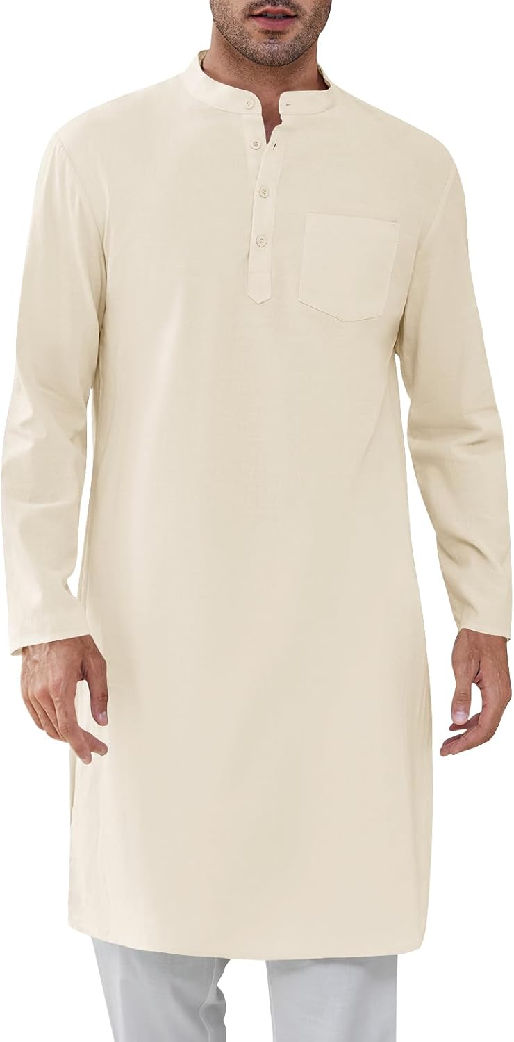 Gafeng Mens Kaftan Robe Button Down Long Sleeve Cotton Thobe